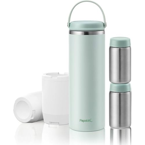 Papablic Innovative 360° CapsuleChill Breastmilk Cooler for 36H Safe Storage, 20oz Stress-Free Portable Breast Milk Chiller with 2pcs Stainless Steel Baby Bottles for Work & Travel, Mint Green