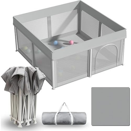 50"x50" Foldable Baby Playpen, Compact Portable Playpen for Babies & Toddlers, No-Installation Baby Fence for Home & Travel, Includes Carry Bag and Ocean Balls, Grey