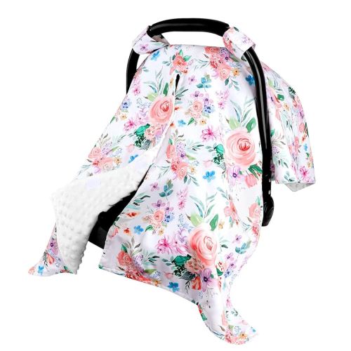 Baby Car Seat Cover, Peekaboo Opening Spring Car Seat Canopy for Baby Girls Boys, Mom Nursing Breastfeeding Covers, Blanket for Infant, Pink Watercolor Flower