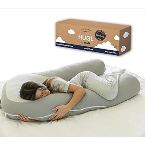 Plufl Hugl Extra Large Cooling Body Pillow for Adults U Shaped Maternity Pillow Great for Side Sleepers & Pregnant Women | Washable Cover | Grey