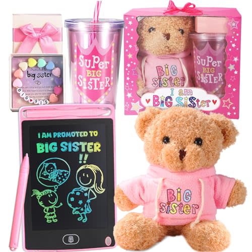 Big Sister Gifts for Girls, New Sibling Gifts for Girls Age 3 4 5 6 7 8 Toddler, Includes Teddy Bears, LCD Writing Tablet, Drinking Cup, Bracelet, Pecfect Gifts for Big Sister on Baby Shower