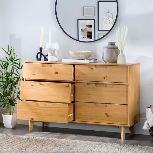 Walker Edison Sloane 6-Drawer Groove Handle Solid Wood Dresser, 52 Inch, Natural Pine