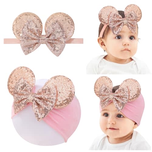 choicbaby Baby Girl Headbands Mouse Ears Headwrap with Sequin Polka Dot Bow Soft Stretchy Nylon Hair Bands for Newborn Infant Baby Toddler Girls- Pack of 2