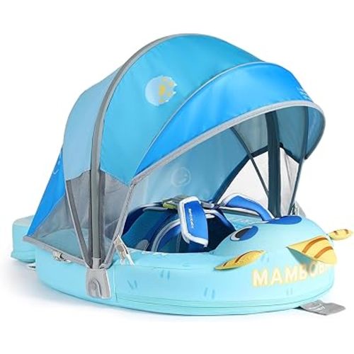 Mambobaby Float with Canopy Size Improved Non Inflatable Infant Baby Pool Float Smart Mambo Float Swim Trainer Add Tail Baby Swim Float Mambo Baby Float Solid Air Free Water Waist Swimming Ring