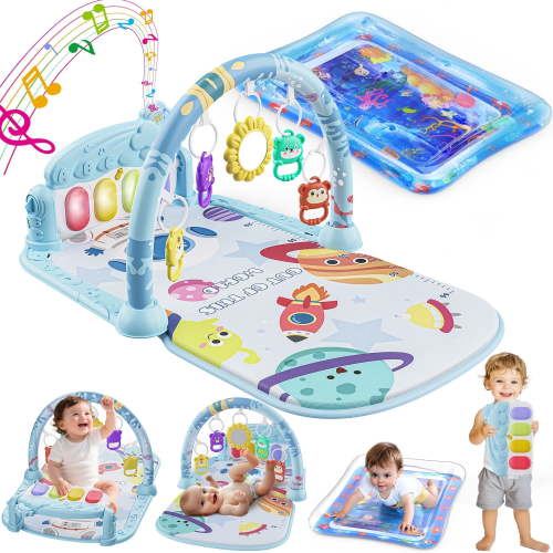 WonderStone Baby Gym Playmat for Infant,Tummy Time Water Mat with 5 Infant Sensory Baby Toys & Musical Piano Activity for 0-36 Months Boys Girls,Blue