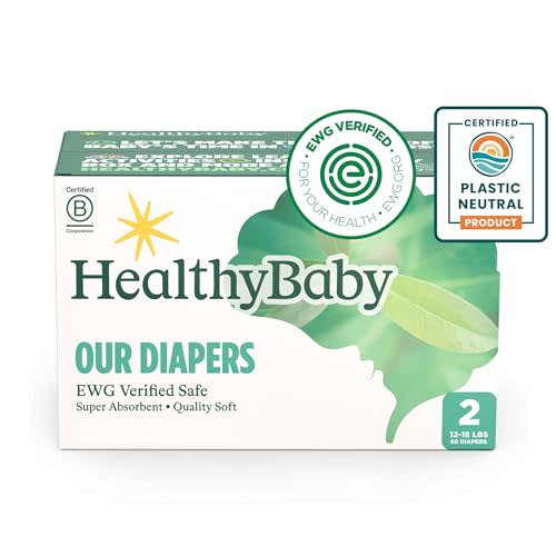 HealthyBaby Our Diapers | EWG Verified Safe & Plant-Based Diapers | Absorbent for Leak Protection | Soft Organic Cotton Shell | Chlorine-Free Diaper for Sensitive Skin | Size 2 (66 Diapers)