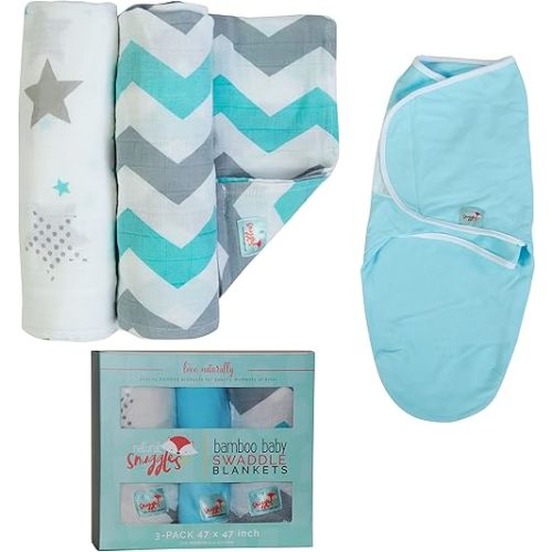 Natural Snuggles Newborn Bamboo Rayon Swaddle Wraps | Baby Receiving Blankets 3 pk: Wrap & 2 Muslin Square Blankets - Light Blue & Grey Chevron Stripes & Stars