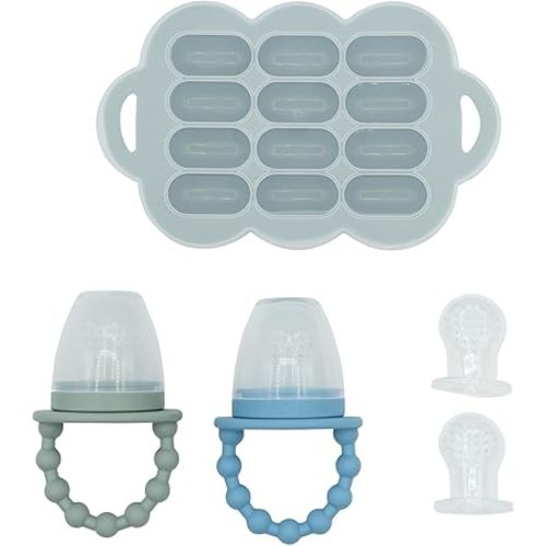 WeeSprout Silicone Baby Food Feeders + Freezer Tray for Batch Prep, Set of 2, Introduce New Foods Safely, Double as Teething Toys, Includes 2 Extra Pouches & Travel Lids, Dishwasher Safe