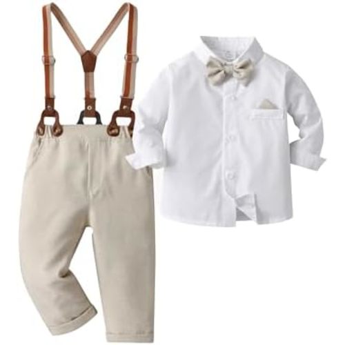 Boarnseorl Baby Boys Pants Sets, Infant Long Sleeve Shirt + Pants + Bow Tie + Suspenders,Toddler Outfits