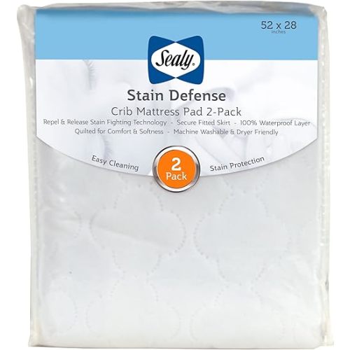 Sealy Baby Stain Defense 2-Pack Fitted Waterproof Baby Crib Mattress Protector, Crib Mattress Topper, Crib Mattress Pad, Toddler Bed Mattress Protector, Machine Wash/Dryer Friendly, 52” x 28”- White