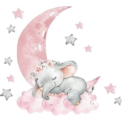 Cute Nursery Elephant Wall Stickers with Pink Moon and Stars Wall Decals for Nursery Kids Room, Living Room, Bedroom Decorations, Home Decor Baby Shower Decorations