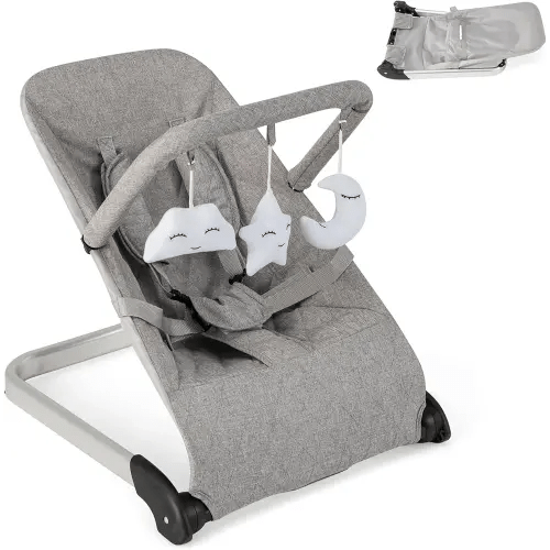 HONEY JOY Baby Bouncer, Portable Folding Infant Newborn Stationary Seat w/Vibrations, Removable Toy Bar, Safety Harness, Machine Washable Fabric, Bouncer Seat for Babies 0-6 Months up to 20 lbs (Gray)