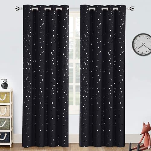 PrinceDeco Blackout Kids Curtains for Bedroom Thermal Insulated Silver Twinkle Star Curtains for Boys Antique Grommet Top Window Treatment 2 Panels Drape for Nursery (52" W x 84" L, Black/Silver)