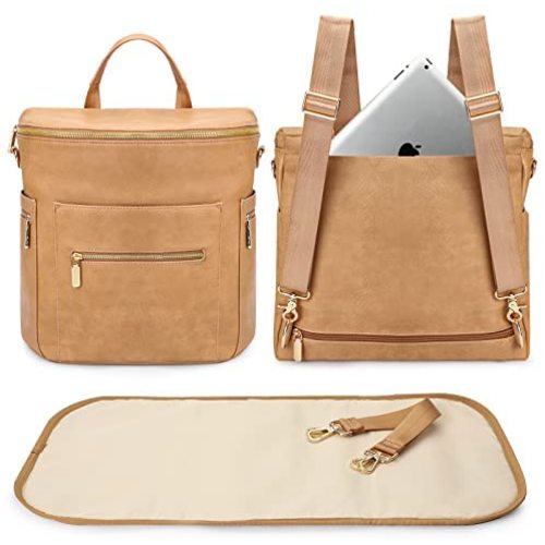 miss fong Diaper Bag Backpack Baby Diaper Bag, Large Leather Diaper Bag Backpack with 16 Pockets Diaper Bag Organizer,Changing Pad,Stroller Straps and 2 Insulated Pockets (Convertible,Peanut)
