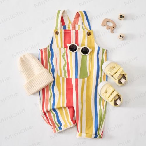 Baby Toddler Colorful Stripes Beige Pocket Overalls