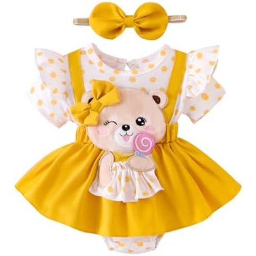 Baby Girl Summer Outfits Bear Short Sleeve One-Piece Jumpsuit With Headband Set Newborn Infant Girl Clothes
