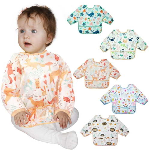 Lictin Baby Long Sleeve Bibs, 5 Pcs Waterproof Toddler Baby Bibs for Boys Girls, 0-24 Months Neutral Baby Smock for Eating