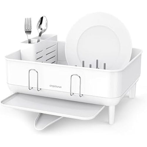 simplehuman Compact Dish Drying Rack with Stainless Steel Frame, 360º Easy Drain Swivel Spout, Utensil Holder, Anti-Residue Coating, Moisture Control Surface, White