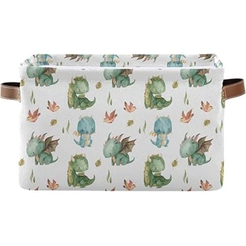 xigua Cute Dragon Storage Basket Collapsible Toy Storage Bins Waterproof Canvas Storage Basket with Leather Handles for Home Closets Offices,Bedrooms,Toy and Gift Baskets,2PCS