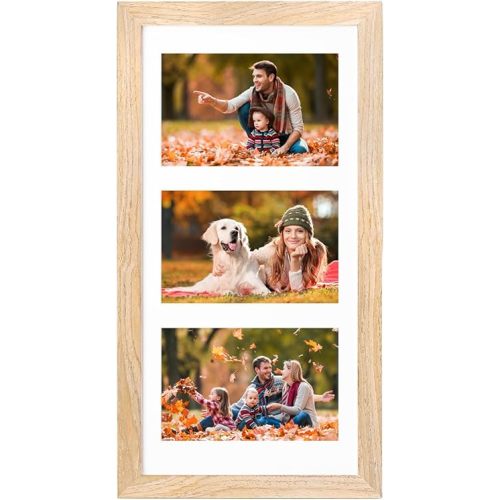 KINLINK 7x14 Picture Frame, Natural Solid Wood Collage Frame with Acrylic Plexiglass for Multiple Three 4x6 Photos with Mat or 7x14 without Mat, Wall Display Photo Frame 1 Pack