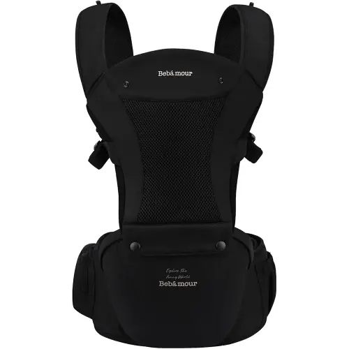 Bebamour Baby Carrier Safety-Certified Hip Seat Baby Carrier Newborn to Toddler Baby Carrier Hipseat 0-36Months with Head Hood, 3 PCS Teething Pads, Waist Extender & Storage Bag, Black