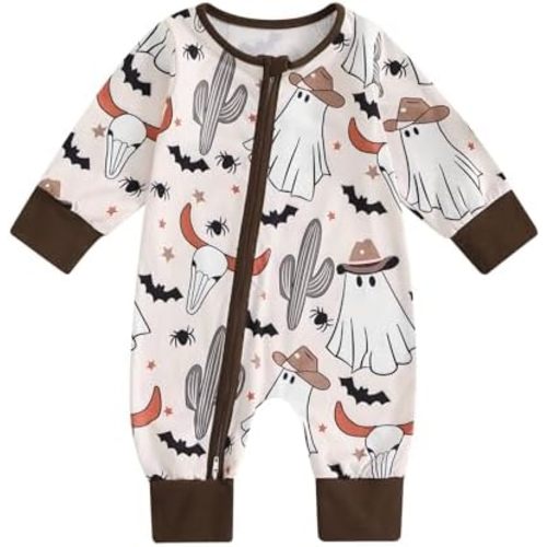 Halloween Baby Boy Girl Clothes Pumpkin Ghost Long Sleeve Romper Zipper Onesie Jumpsuit Footless Playsuit Fall Outfits