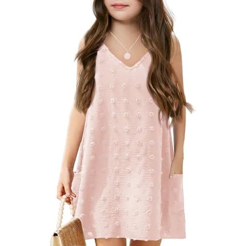 (5-6 year) Batermoon Girls Swim Cover Up Swiss Polka Dot Summer Beach Dress V Neck Boho Cute Dresses with Pockets 4-14 Years
