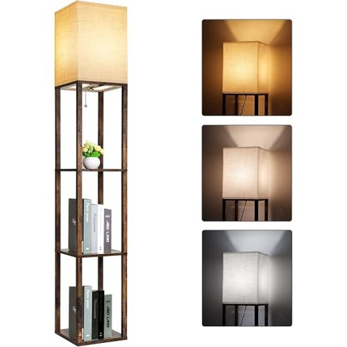 RUNTOP Floor Lamp with Shelves, Modern Shelf Lamp for Display Storage, 3 Color Temperature Wood Narrow Standing Corner Lamp with 8W Bulb for Living Room Decor, Bedroom, Office, Home Decor(Brown)