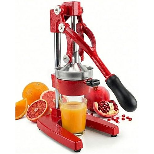 Eurolux Cast Iron Citrus Juicer | Extra-Large Commercial Grade Manual Hand Press | Heavy Duty Countertop Squeezer for Fresh Orange Juice (Bonus Stainless Steel Cup) (Red)