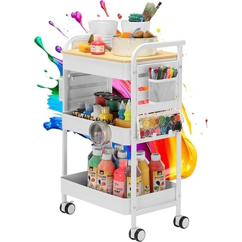 Art Cart with Tabletop & Pegboard - 3-Tier Rolling Utility Cart with Wheels, 2 Baskets & 6 Hooks - Metal Storage Organizer for Home, Office, Crafting & Kids’ Art Supplies (White)