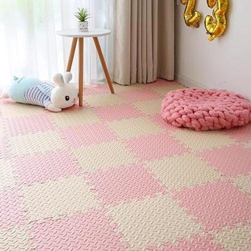Foam Play Mat for Baby, 0.4 Inch Thick Foam Interlocking Floor Mats, Soft Non-Toxic Baby Playmat, Solid Colored Puzzle Play Mat Kids Floor Mats, 16 Tiles, Beige/Loli Pink