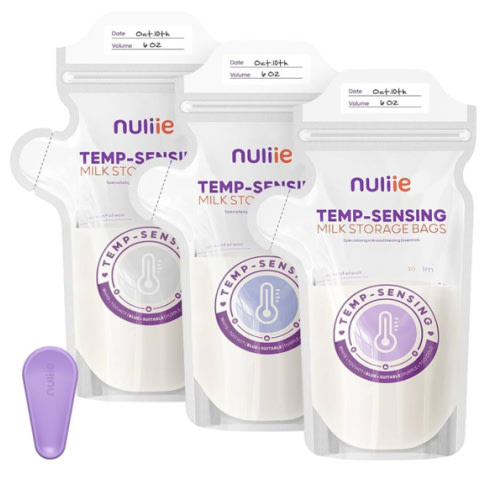 Nuliie 100pcs Temp-Sensing Breastmilk Storage Bag, Huge Temp-Sensing Icon & Locking Clamp, 6oz Breast Milk Storage Bags Freezer Pour Spout, Self Standing Milk Storage Bags Breastmilk, BPA-Free No-Leak