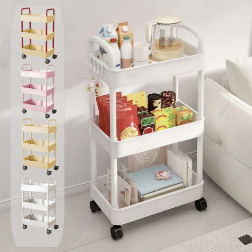 Tyidzon 3 Tier Rolling Cart, Plastic Utility Cart with Handle, Multifunctional Mobile Storage Cart for Living Room Bathroom Kitchen, White 30"