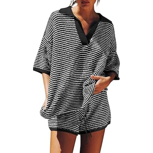 Tankaneo Womens Sweater Set 2 Piece Outfits Oversized 3/4 Sleeve V Neck Knit Tops High Waisted Shorts Lounge Sets