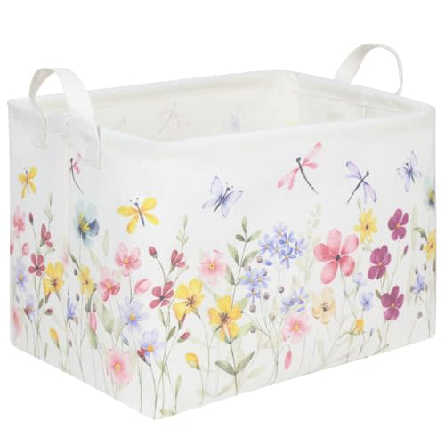 FXOCSHE Boho Flower Nursery Basket,Waterproof collapsible storage box,Fall Wildflower Floral Dandelion Storage Bin,Plant Butterfly baby girl gift basket,Girls Bedroom Boho Flower Decor(Dandelion)