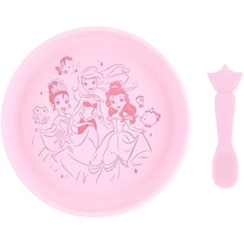 Bumkins Disney Baby and Toddler Plate and Spoon Set, Silicone Dish for Babies and Kids, Baby Led Weaning, Children Feeding Supplies, Microwave Safe, Platinum Silicone, Ages 6 Months Up, Princess