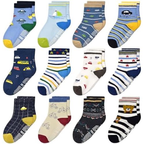 Tphon Non Slip Kids Toddler Socks with Gripper - 12 Pairs Anti Skid Socks for Boys & Girls, Ages 1-7