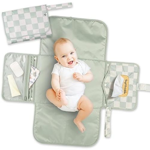 Tiny Twinkle Portable Diaper Changing Pad | Waterproof, Wipeable & Compact Baby Changing Pad for Travel | Smart Wipes Pocket & Organized Storage| Newborn Shower Gift (Sage Checkers)