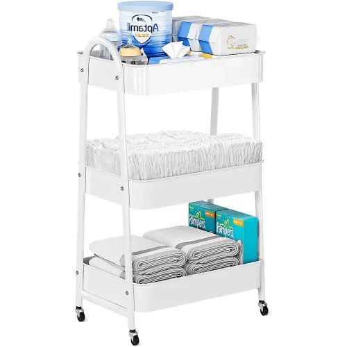 Baby Diaper Caddy Organizer, Metal Utility Diaper Cart, Multifunction Essential Newborn Baby Registry Items, Movable Changing Station/Easy Assembly, White