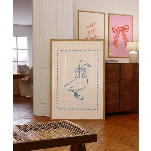 Cute Goose Bow Print, Cottagecore Decor, Girly Wall Art, Blue Nursery Artwork, Aesthetic Apartment Poster, Digital Download