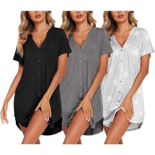Ekouaer 3 Pcak Nightgowns Women Button Down Sleep Shirts V Neck Night Shirts Night Gowns