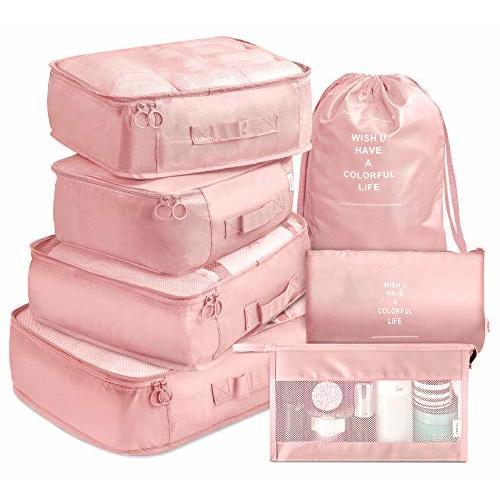 Packing Cubes VAGREEZ 7 Pcs Travel Luggage Packing Organizers Set with Toiletry Bag (Pink)
