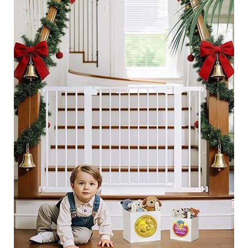 Cumbor 29.7-48" Baby Gate for Stairs, Mom's Choice Awards Winner-Dog Gates for Doorways, Auto Close Safety Pet Gate for Dogs Indoor, Easy Install Pressure Mounted Child Gate with Walk Thru Door, White