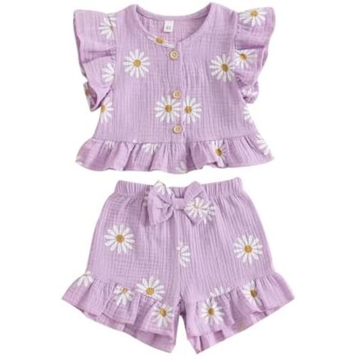 BemeyourBBs Summer Toddler Girl Clothes Baby Girl Ruffle Sleeveless Shirt with Buttons Bow Bloomers Shorts Set Cute Outfits