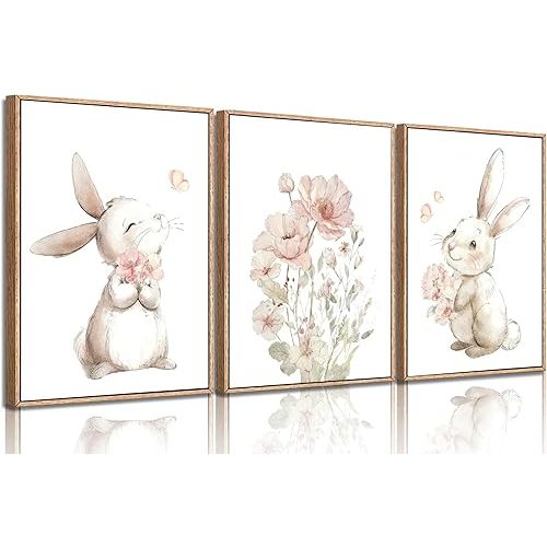 3 Pcs Pink Bunny Canvas Wall Art Bunny floral watercolor Nursery Painting Picture Wall Decor Botanical Wildflower Flowers Poster Prints For Boys Girls Playroom Bedroom Scene Home Decoration Unframed