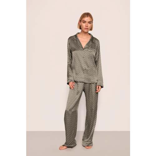 Inez Washable Silk Printed Long PJ Set – Petite Batik Smokey Olive/Ivory