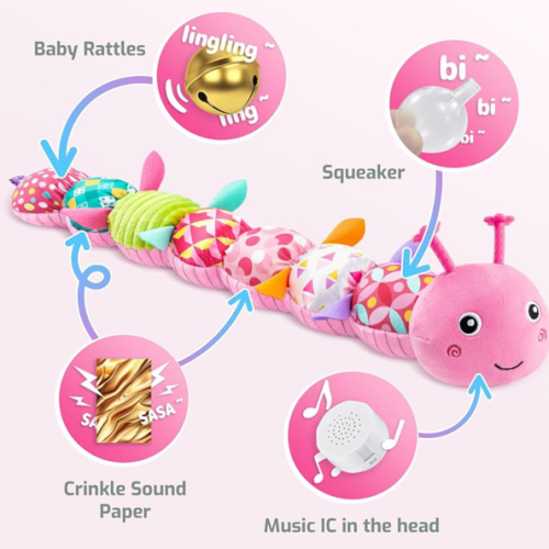 Sumobaby Infant Baby Musical Stuffed Animal Toys for 0-3-6-12 Months,Multi Sensory Toys with Crinkle and Rattles, Tummy Time Toys for Newborn Boys Girls, Caterpillar, Pink