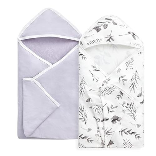 Momcozy Baby Hooded Towel-Made from Cotton, Suitable for Newborn Shower Gifts, 2 Count (Pack of 1), 28 X 28 Inch, Ink Wash Leaves - Newborn Bath Towel ( 28 X 28 Inch )