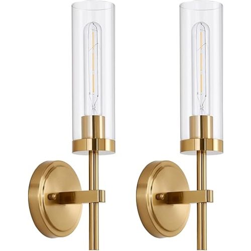 Gold Wall Sconces Set of 2, Modern Bathroom Sconces Wall Lighting Vanity Light Fixtures with Clear Glass, Brushed Brass Wall Mount Lights for Living Room Corridor Mirror Bedroom Stairs
