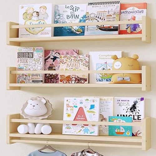 Nursery Floating Bookshelf for Kids, Wall Mounted Kids Book Shelf with Toy Storage, Pine Wood Nursery Shelves for Playroom, Bedroom, Toddler Room, Set of 3 (Pine, 15.8 Inches)